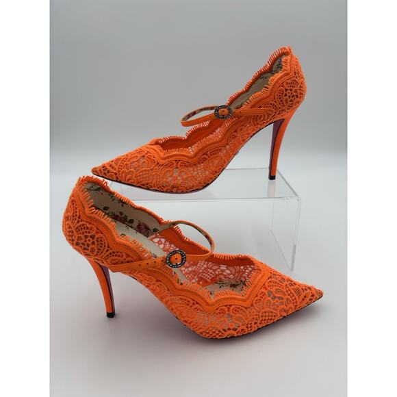 Gucci Mary Jane Heels Neon Orange Lace Size 39 Rhinestone Buckle Authentic - Picture 2 of 14